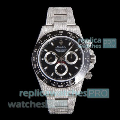 Luxury Clone Iced Out Rolex Daytona 7750 Black Dial 904L Steel Diamond Watch 40mm 